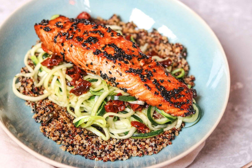 Baked Salmon With Zoodles & Quinoa – Essential Sports Nutrition