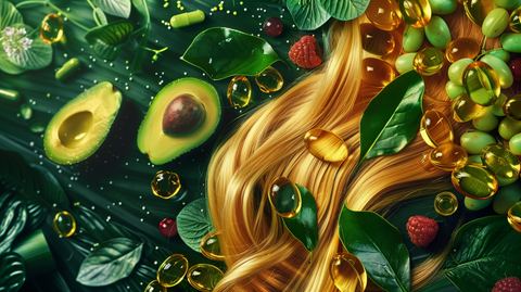 lowing, shiny hair lock, intertwined with vibrant green leaves and capsules, with biotin molecules and vitamin-rich fruits like avocados and berries