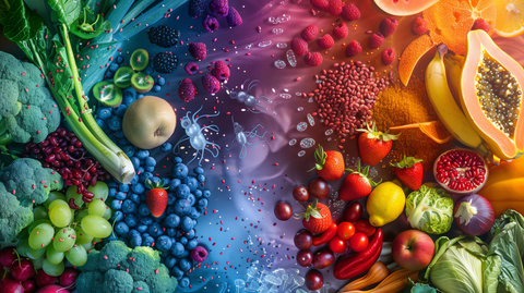 colorful array of fruits, vegetables, and grains with a translucent overlay of healthy gut bacteria