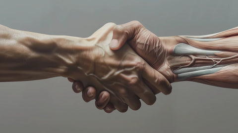 two muscular arms shaking hands