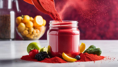 reds superfood powder surrounded by fuits