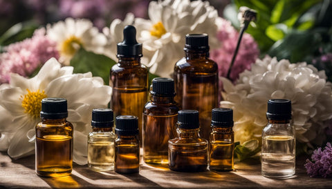 A collection of essential oil bottles surrounded by blooming flowers