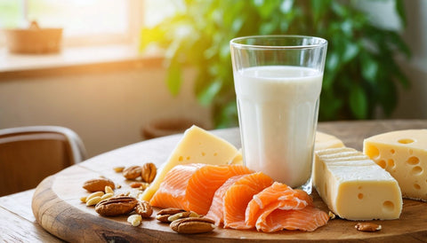 A simple, wholesome breakfast of cheese, salmon, almonds, and a glass of milk