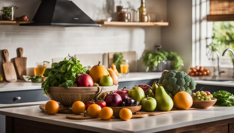 kitchen island full of fruits and veggies