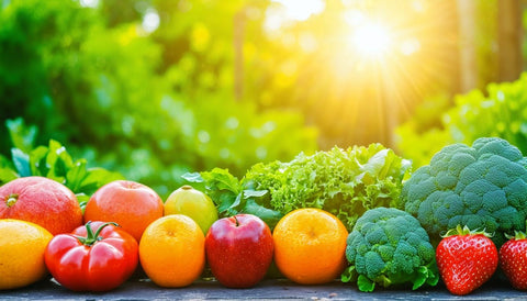 A vibrant image of colorful fruits and vegetables highlighting the importance of a diet rich in fat-soluble vitamins.