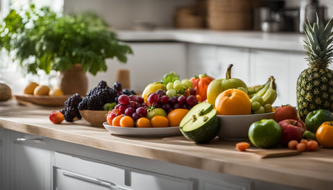 a kitchen island filled with fruits and vegetables on a bright day