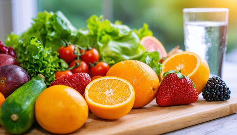fruits and veggies on a cutting board with a glass of water next to it