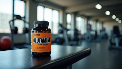 A bottle of Glutamine supplement on a workout bench with gym equipment in the background.