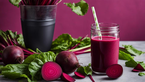 A vibrant beetroot-filled smoothie with a straw, surrounded by fresh beetroot leaves and sliced beetroots.