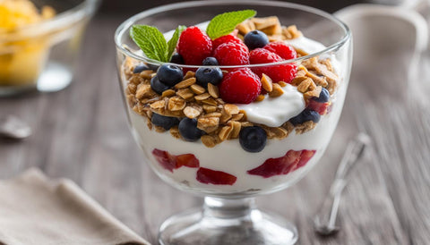 a yogurt parfait with blueberries, raspberries, and granola