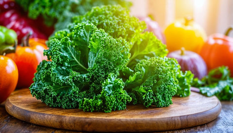 Close-up of vibrant kale with a rustic wooden cutting board and colorful vegetables in the background