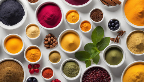 a table full of small white bowls full of colorful supplement powders