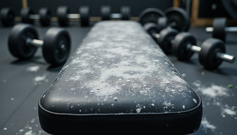 A worn gym bench surrounded by scattered dumbbells reflects intense workouts.