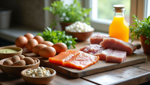 A variety of amino acid-rich foods on a rustic table.