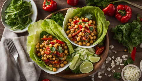 two lettuce bowls of chickpeas and green peppers