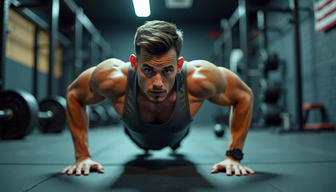 A young man doing push-ups in a dimly lit gym.