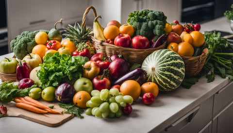 a kitchen counter full of fruits and veggies