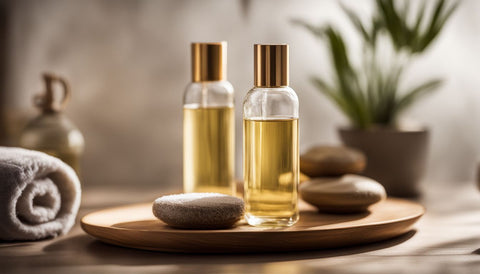 Two massage oil bottles surrounded by spa decor in a well-lit and bustling atmosphere