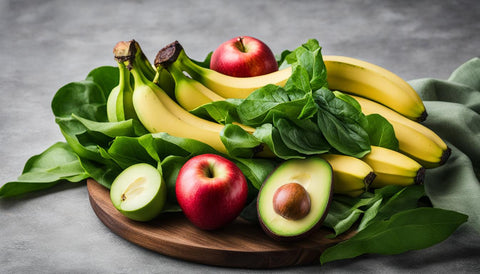 energy foods: bananas, leafy greens, avocado, apple