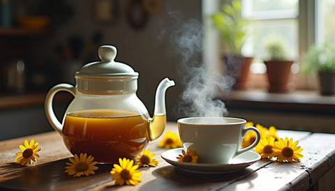 A cozy kitchen scene with chamomile tea and dried flowers.