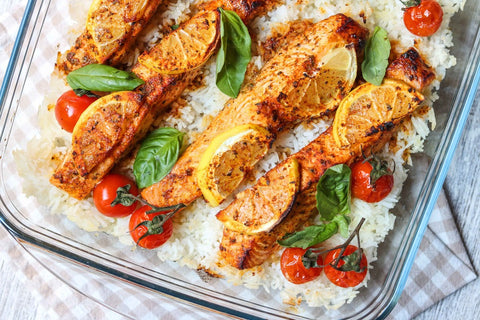 Baked Salmon Tray With Rice & Tomatoes