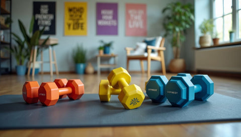 Home gym with scattered dumbbells and motivational posters on walls.