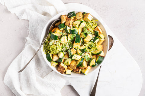 Crispy Tofu Pesto Pasta