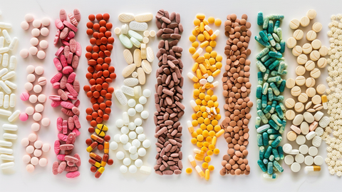 11 rows of various colorful pills, 1 type of pill in each row