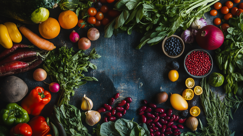 table filled with a variety of glutamine rich protein, vegetables, fruits, legumes, and herbs