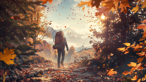 A person hiking through a forest trail, wearing a weighted backpack