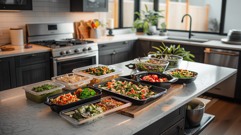 a modern kitchen with an array of veggie dishes on the center island