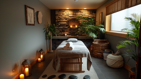 a modern massage room lined with candles