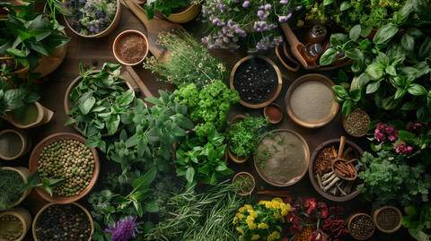 an overhead view of various herb plants and herb powders in small wooden bowls