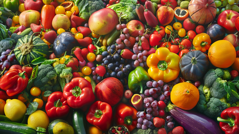 a close-up of a variety of colorful fruits and vegetables: red peppers, yellow peppers, eggplant, oranges, mangos, grapes, cucumber, broccoli