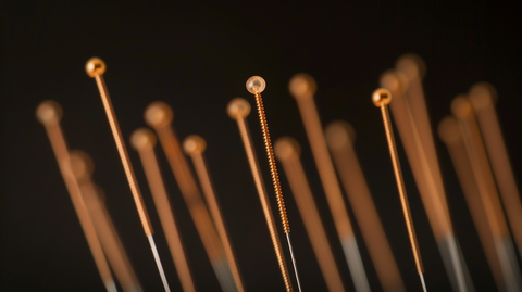 a close-up of acupuncture needles on a black background