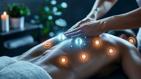 oothing image featuring a person receiving a deep tissue massage on their back, with symbolic icons like relaxed muscles, a serene face, and glowing health orbs highlighting key benefits
