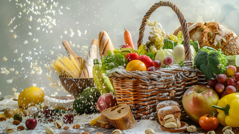  basket of fresh vegetables, fruits, nuts, and lean meats, with a loaf of bread and a pasta bowl 