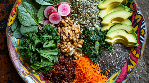 a colorful plate filled with a variety of vegan omega-3 sources, such as chia seeds, flaxseeds, walnuts, hemp seeds, spinach, kale, seaweed, and avocado.