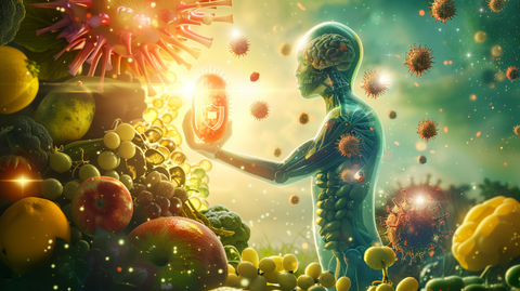  glowing, healthy person holding a capsule with a shield icon, surrounded by vibrant fruits and vegetables