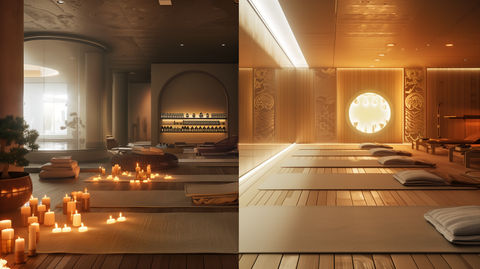 On the left, a serene spa setting with soft lighting and candles. On the right, an intense gym environment with dynamic stretching and athletic gear.