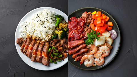  Side-by-side comparison: a balanced plate of lean meats, rice, and vegetables on one side; a plate piled high with various cuts of meat on the other