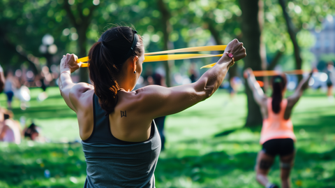 an outdoor fitness class doing an arm workout with resistane bands