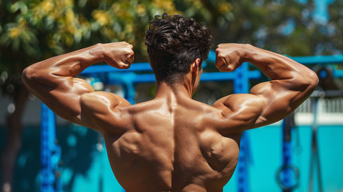 a man standing outside on a sunny day flexing his back muscles