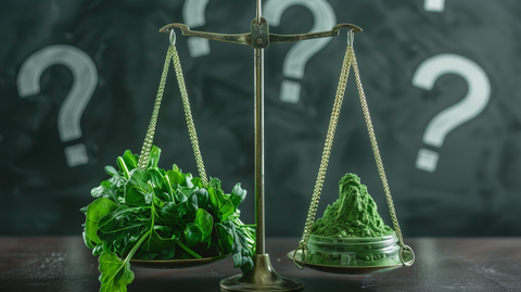  a balanced scale, with fresh green vegetables on one side super greens powder