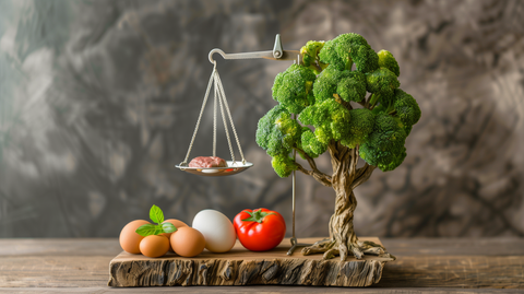 balanced scale with vegetables, meats, and eggs on one side, and a vibrant, healthy tree on the other