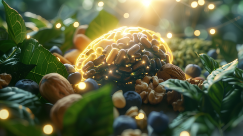 human brain made of almonds and sunflower seeds, with a backdrop of leafy greens, all encapsulated within a transparent, glowing capsule