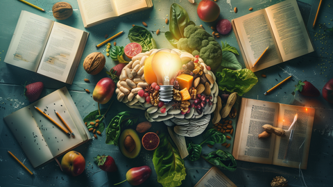  brain composed of various fruits, nuts, and leafy greens, surrounded by capsules, with a lightbulb glowing, with open books