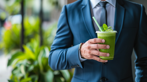 a business man having a greens drink on the way to work