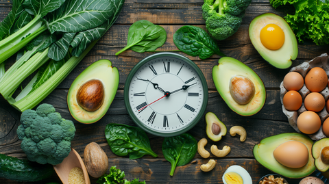 clock with green, leafy vegetables and eggs, avocado's, nuts
