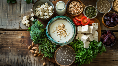 A colorful spread of vegan foods highlights how fortified tofu can support vitamin D intake